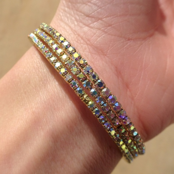 3 Gold Plated Iridescent Aurora Borealis Iridescent Swarovski Crystal Bangles - Picture 1 of 8